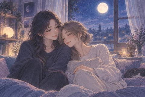 同性の二人が月明かりの部屋で安心して寄り添う夢