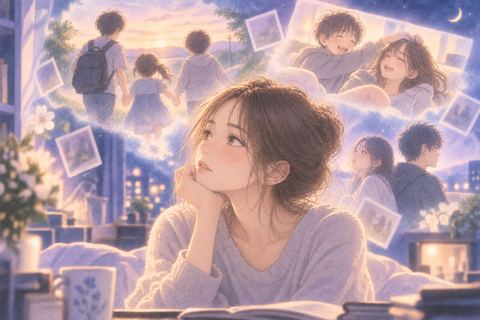 兄弟姉妹と並ぶ昔の記憶を夢の中で見つめる大人の人物