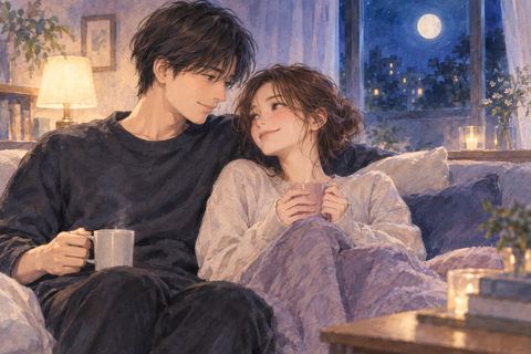夜の部屋で恋人と寄り添い穏やかに笑う人物の夢