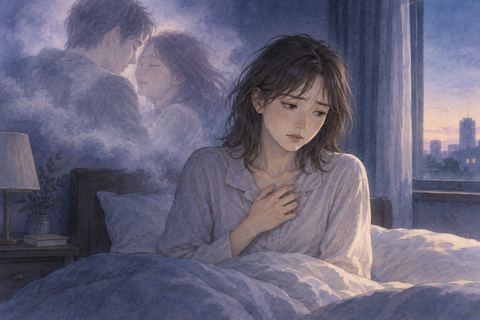 目覚めたあと胸元に手を置き罪悪感を抱く人物と淡い夢の影
