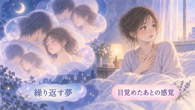 同じ親密な夢が重なり目覚めた人物が余韻を感じる図