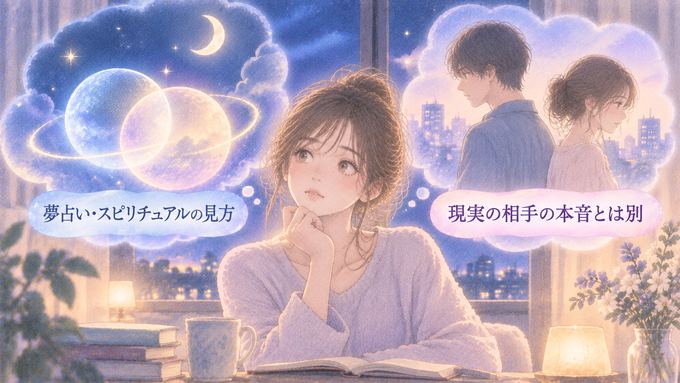夢の象徴的なつながりと現実の相手の本音を別々に見つめる女性の図