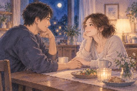 夜の食卓で夫婦が向かい合い手を重ねる夢