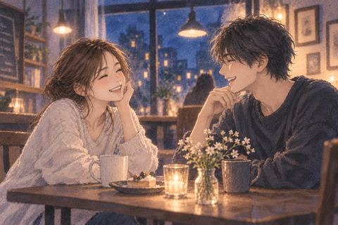 夜のカフェで親しい友達と自然に笑い合う夢
