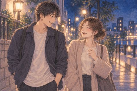夜道で男友達と気楽に話しながら歩く女性の夢