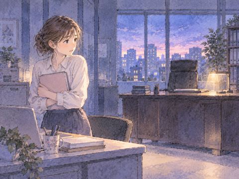 夜の静かなオフィスで机との距離を取る女性
