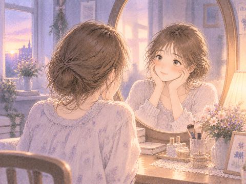 鏡の前で自分の魅力を静かに受け止める女性