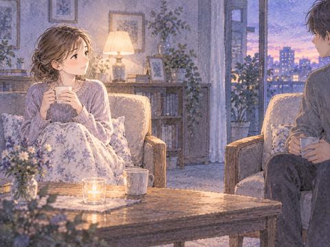 室内で椅子の間に心地よい距離を取る女性