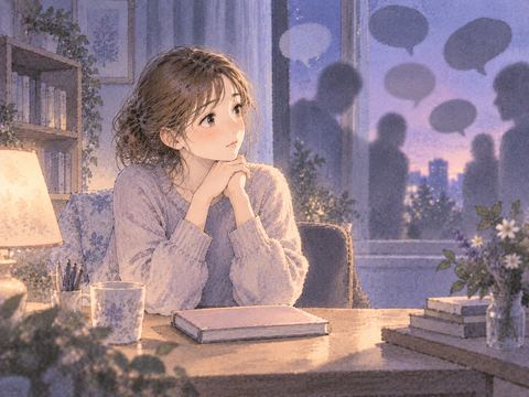 閉じたノートを前に静かに座る女性