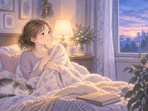 夜明けの寝室で温かな灯りに包まれる女性