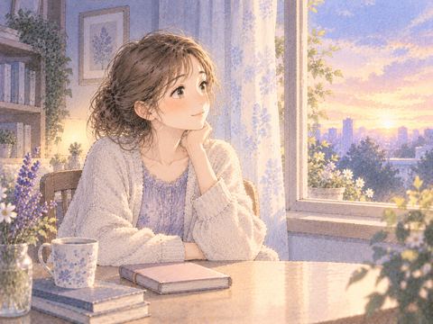 明るい窓辺でまっすぐ前を見る女性
