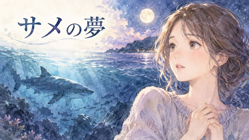 夜の海を見つめる大人の女性と水中を泳ぐサメ