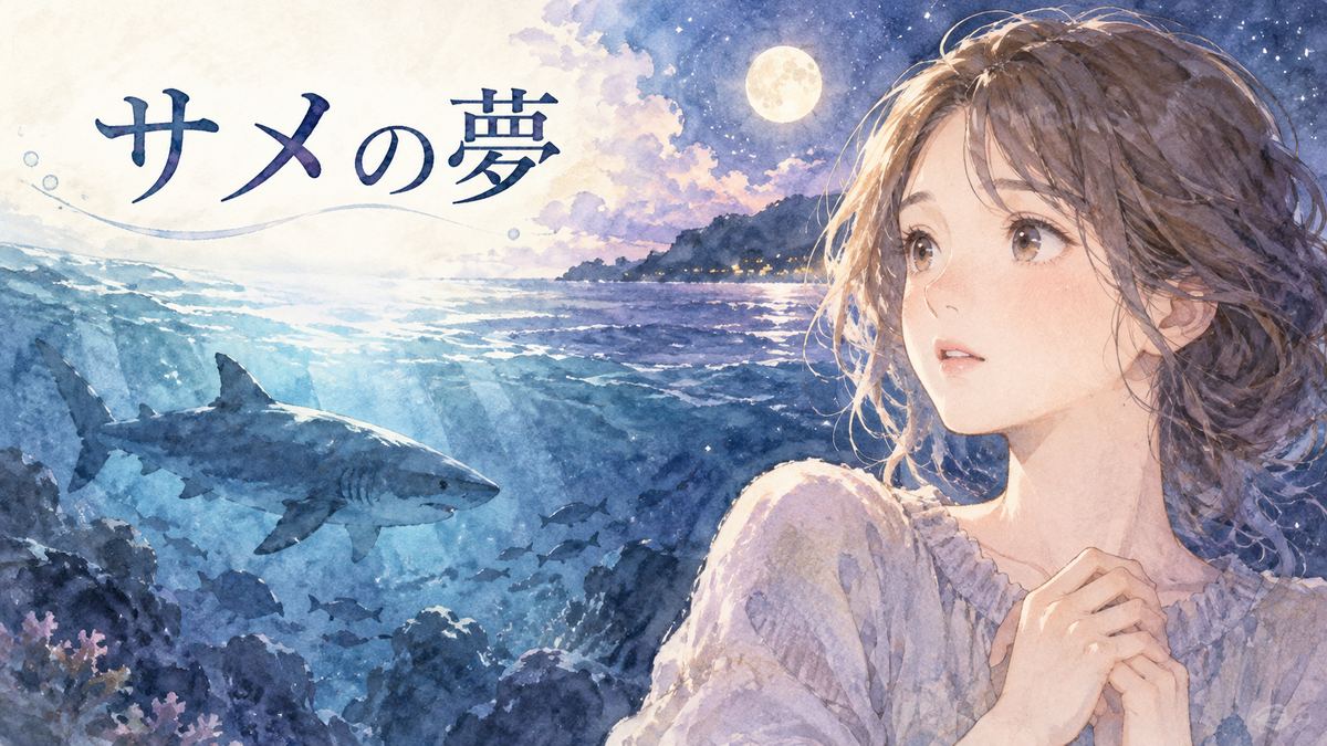 夜の海を見つめる大人の女性と水中を泳ぐサメ