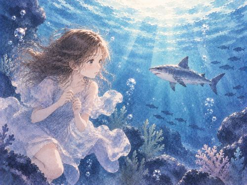 水中の小さなサメを静かに見つめる女性