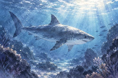 静かな海中をゆっくり泳ぐ一匹のサメ