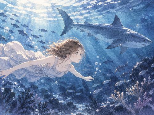 サメと距離を保ちながら海を泳ぐ女性