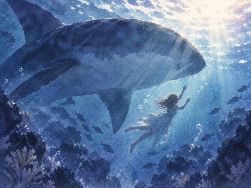 大きなサメの影に包まれる海中の人物のシルエット
