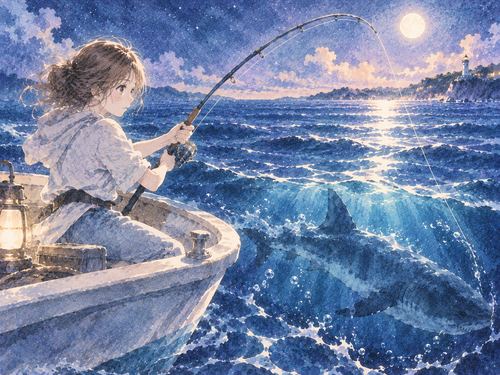 船上でサメの引く釣り糸を握る女性
