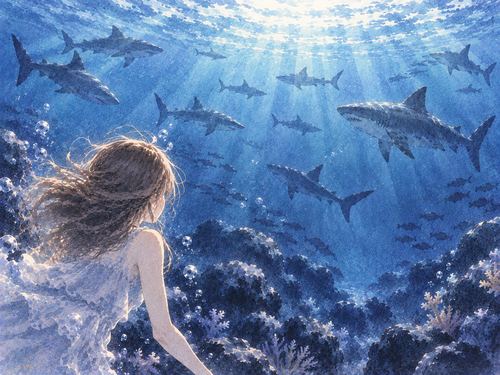 海中を泳ぐたくさんのサメを遠くから見る女性