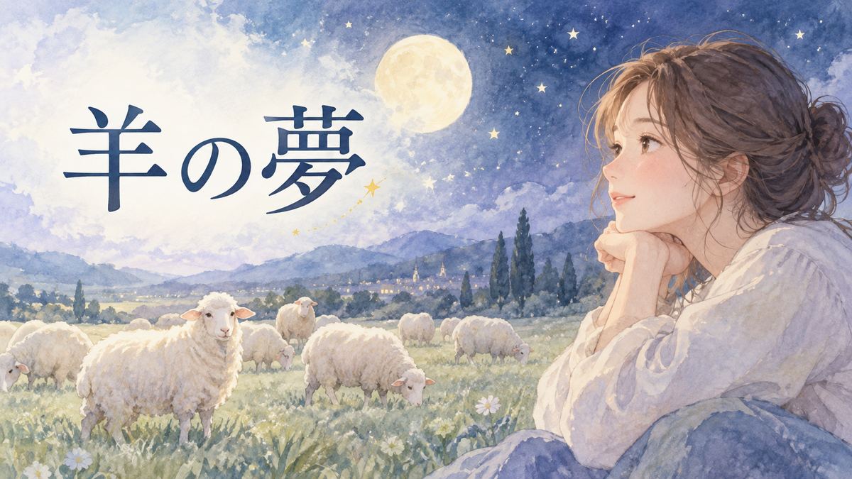 夜の草原で羊の群れを見つめる大人の女性