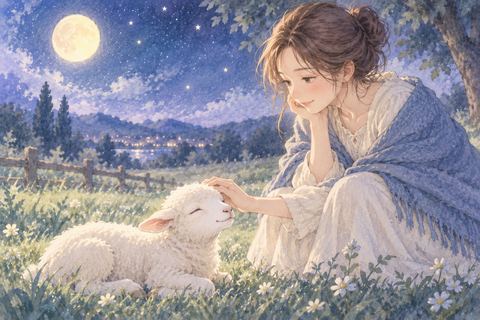 夜の草原で小さな子羊を見守る女性