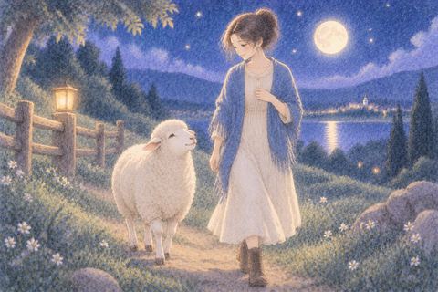 夜道を羊と並んで歩く女性