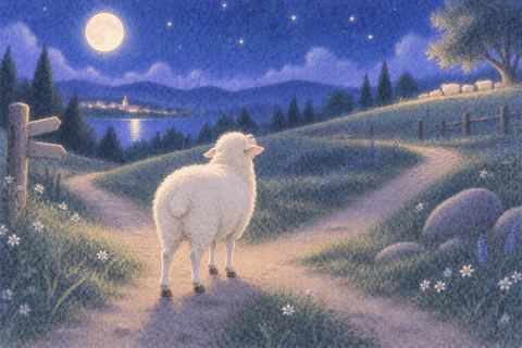 夜の分かれ道で迷う一匹の羊