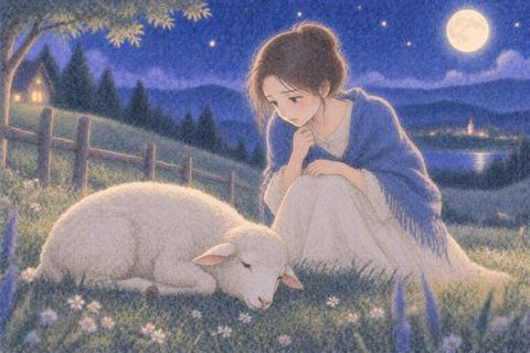 弱った羊を心配そうに見守る女性