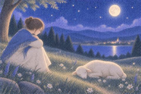 静かに横たわる羊を見送る女性