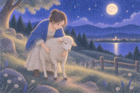 弱った羊を抱き起こして助ける女性