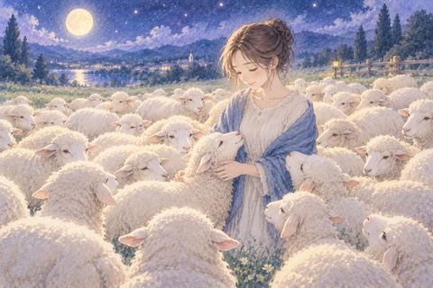 たくさんの羊に囲まれて立つ女性