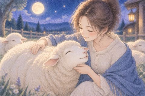 羊の柔らかな毛を優しく撫でる女性