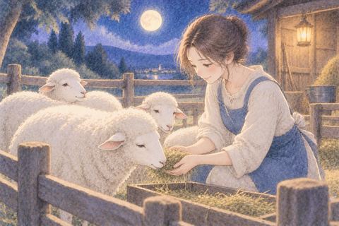 囲いの中の羊を穏やかに世話する女性