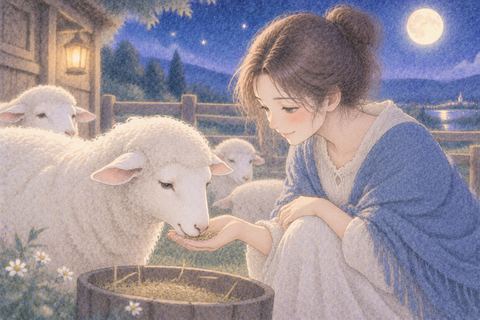 手から羊に餌をあげる女性