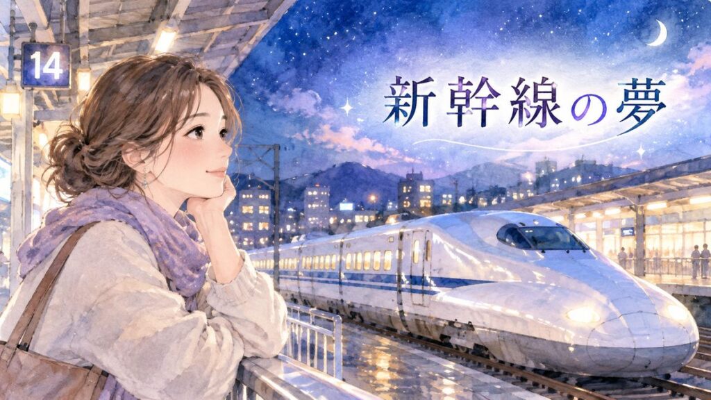 夜の駅で新幹線を見つめる大人の女性