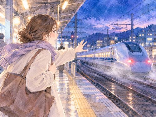 発車した新幹線をホームから見送る女性