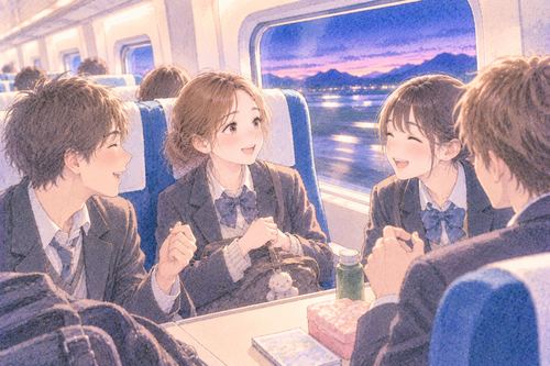 修学旅行で新幹線に乗る学生たち