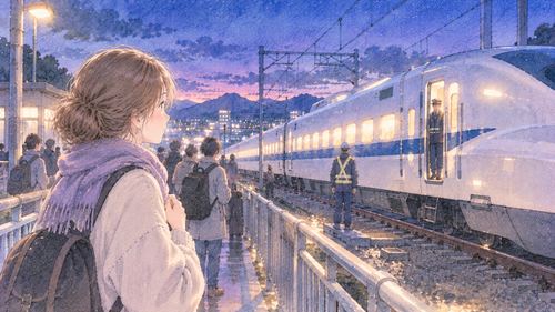 途中で停止した新幹線と安全な場所にいる乗客