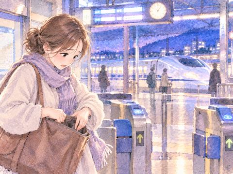 改札前で切符を探し新幹線に乗れない女性