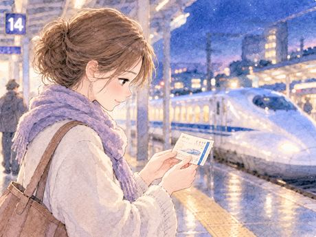 新幹線の切符を手にして見つめる女性