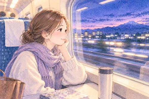 新幹線の窓辺で景色を眺める女性