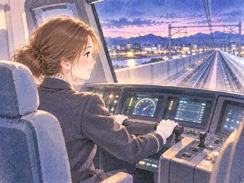 新幹線の運転席で前方を見る女性