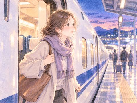 新幹線を降りてホームに立つ女性