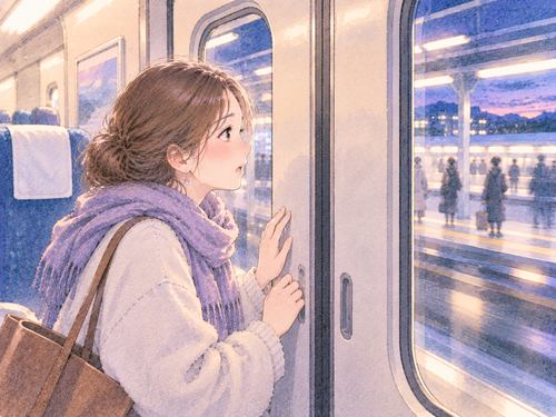 閉じた新幹線の扉を見つめる女性
