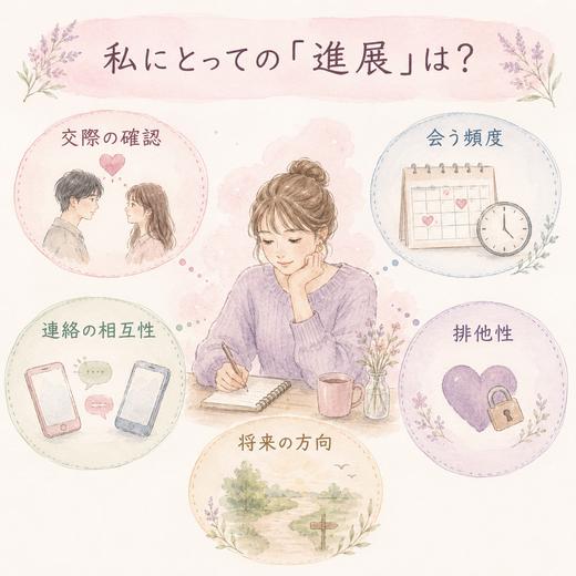 交際確認、会う頻度、連絡、排他性、将来を整理した恋愛関係の図