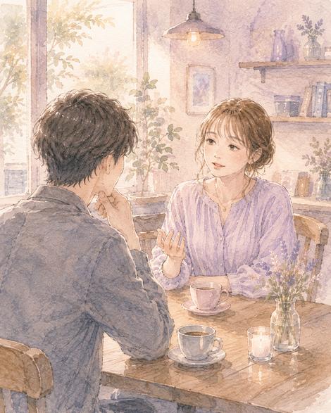 落ち着いたカフェで、自分の気持ちを率直に伝える女性と話を聞く相手