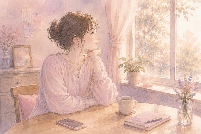 スマホから少し離れ、自分の境界と落ち着きを取り戻そうとする女性