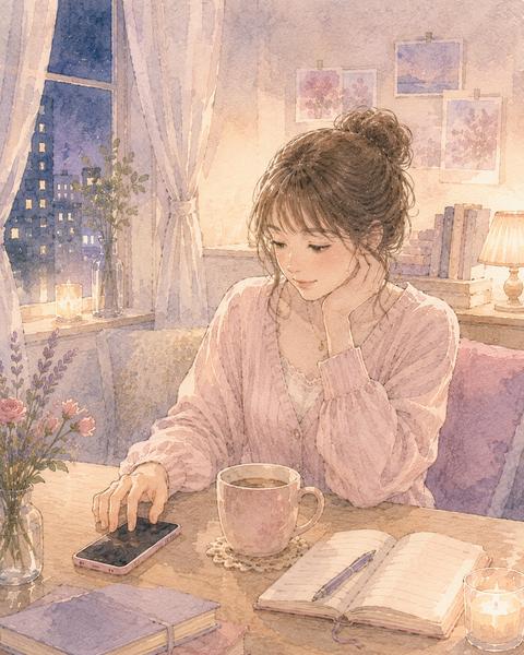 スマホを伏せ、温かい飲み物と手帳のある自分の時間へ戻る女性