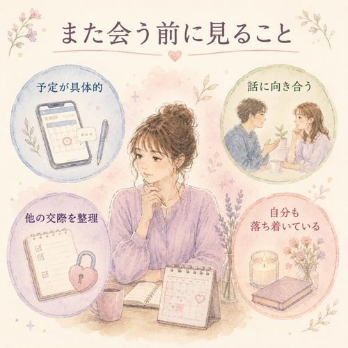 再び会う前に、予定、対話、他の交際、自分の安定を確認する図