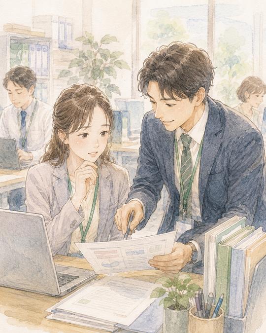 職場に慣れない女性を男性同僚が優しくフォローする場面